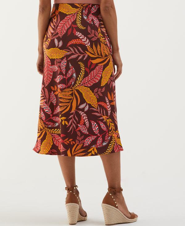 Rafaella Leaf Print Shine Midi Bias Skirt