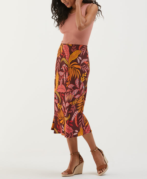 Rafaella Leaf Print Shine Midi Bias Skirt