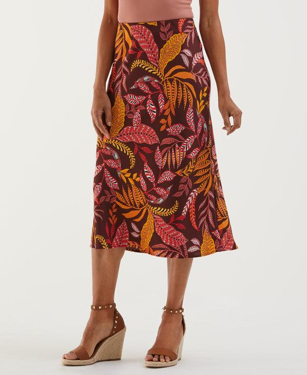 rafaella Leaf Print Shine Midi Bias Skirt