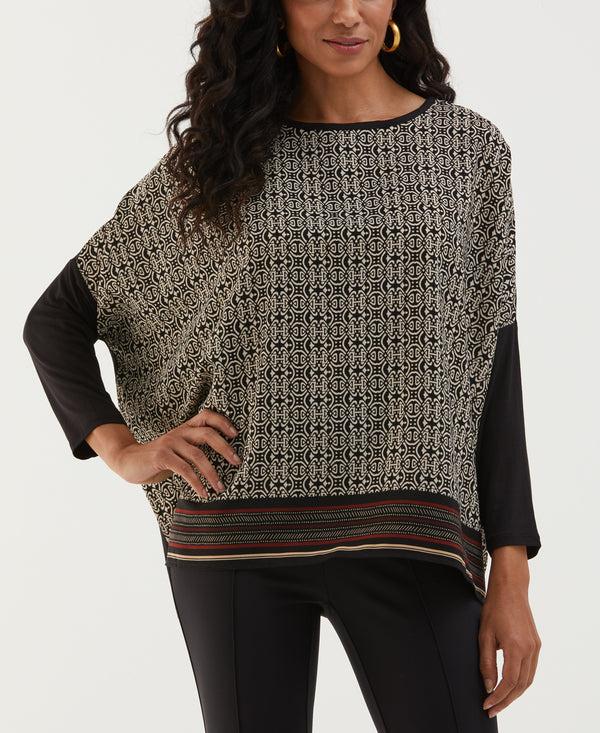 rafaella Medallion Print Knit Woven Top