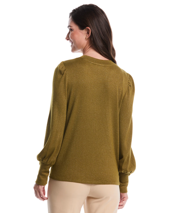 Rafaella Metallic Puff Sleeve Crew Neck Top