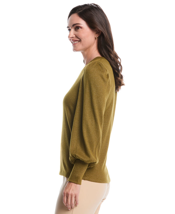Rafaella Metallic Puff Sleeve Crew Neck Top