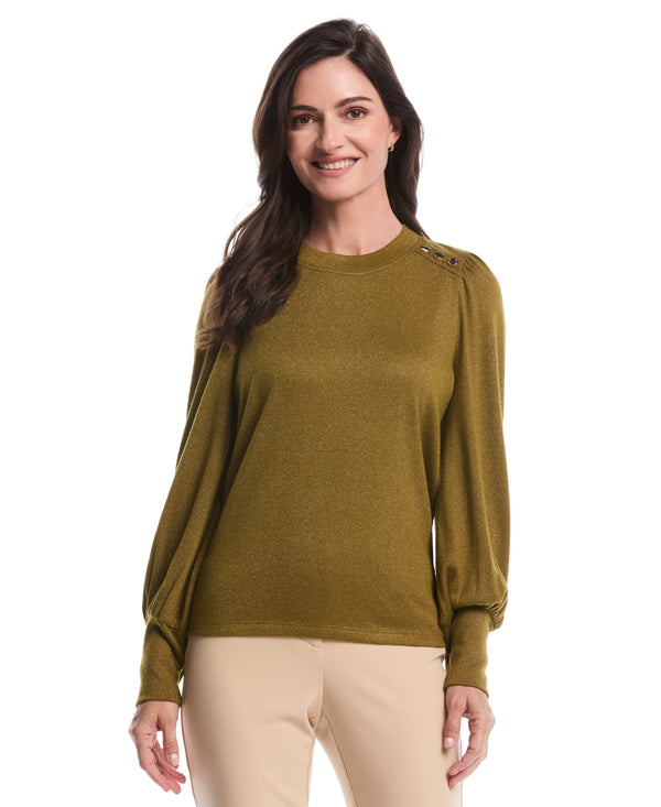 rafaella Metallic Puff Sleeve Crew Neck Top
