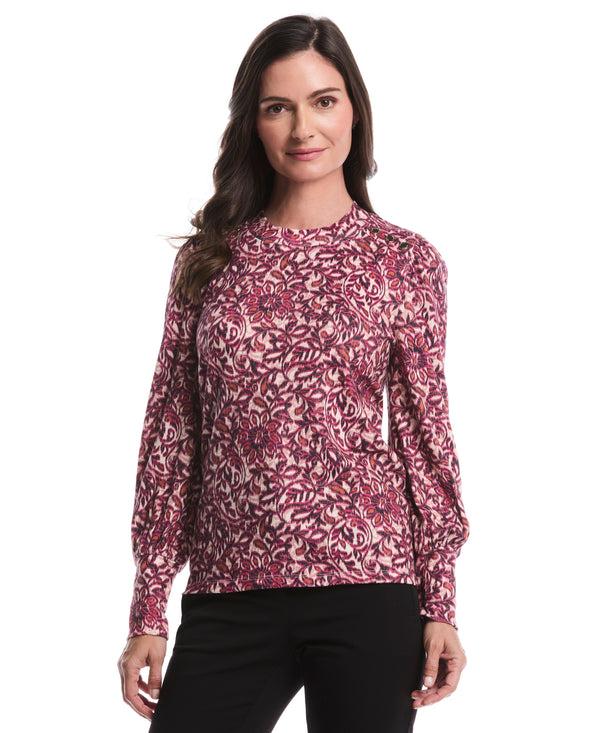 rafaella Paisley Print Puff Sleeve Crew Neck Top