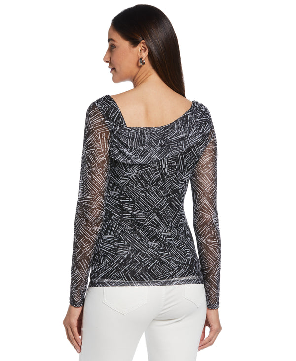 Rafaella Petite Printed Asymmetrical Mesh Top