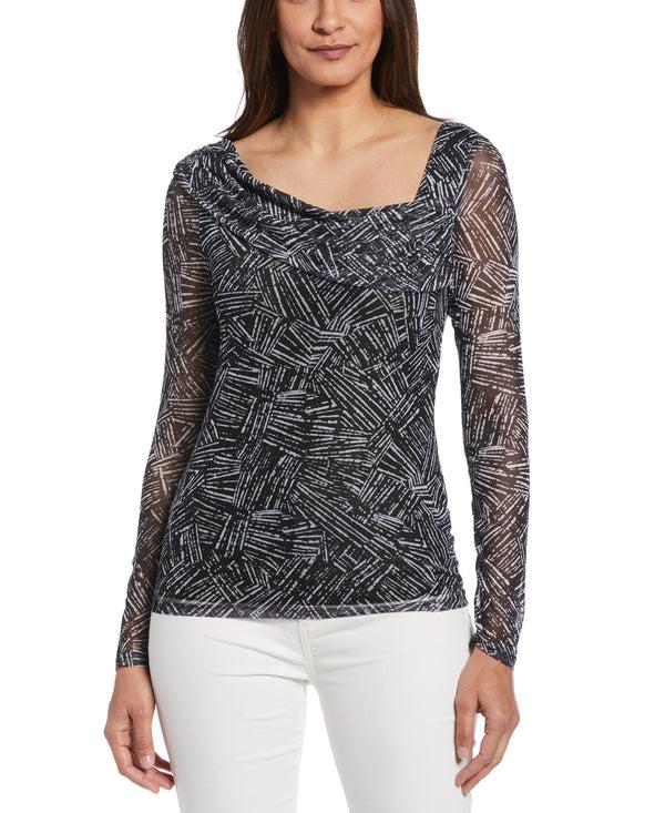 Rafaella Petite Printed Asymmetrical Mesh Top