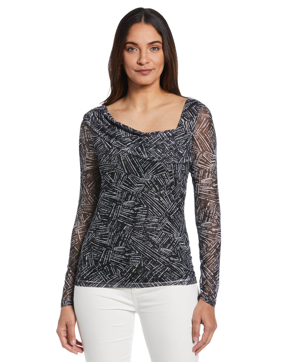 rafaella Petite Printed Asymmetrical Mesh Top