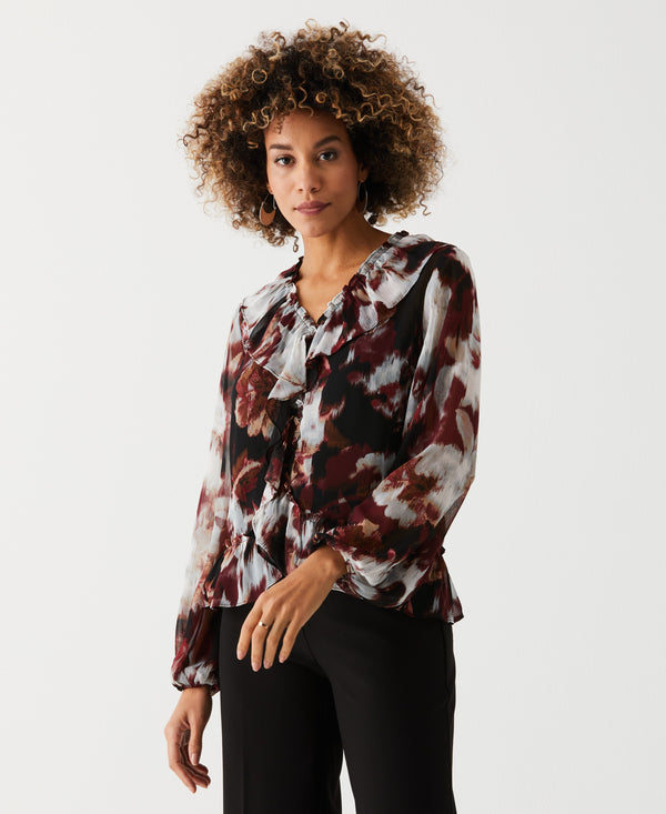 Rafaella Petite Printed V-Neck Ruffle Blouse