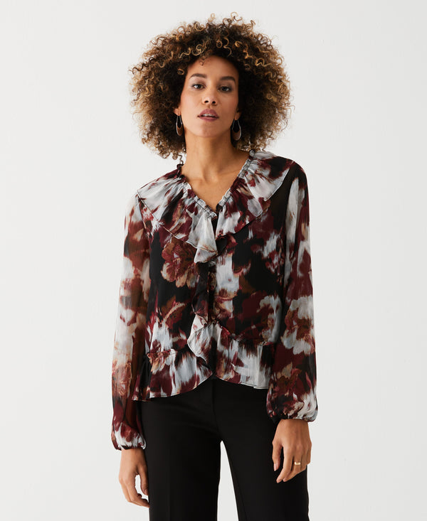 rafaella Petite Printed V-Neck Ruffle Blouse