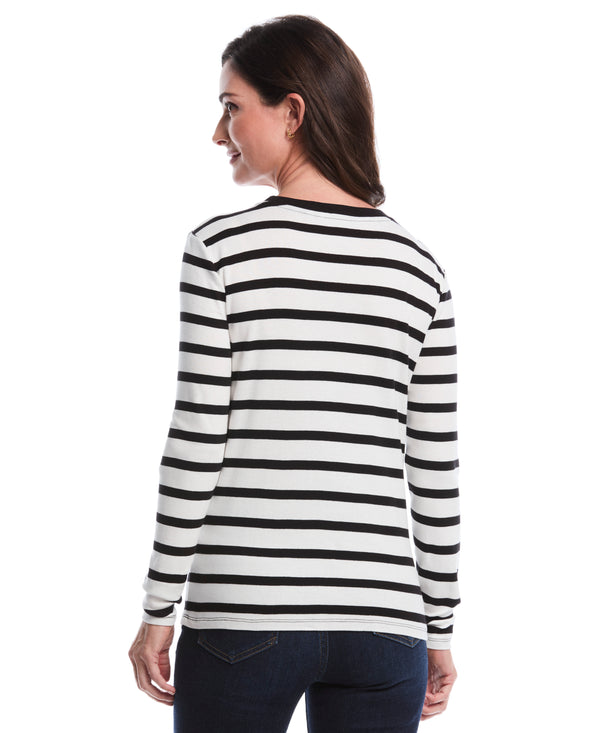 Rafaella Petite Striped Print Embellished Neck Top