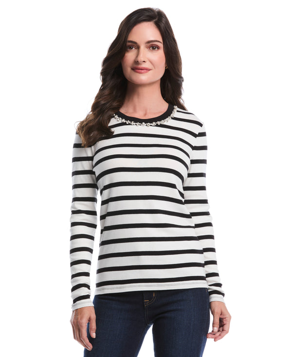 rafaella Petite Striped Print Embellished Neck Top