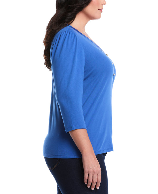 Rafaella Plus Size 3/4 Puff Sleeve V-Neck Top
