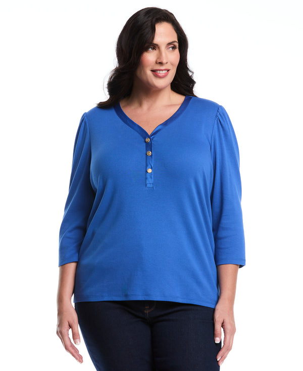 rafaella Plus Size 3/4 Puff Sleeve V-Neck Top