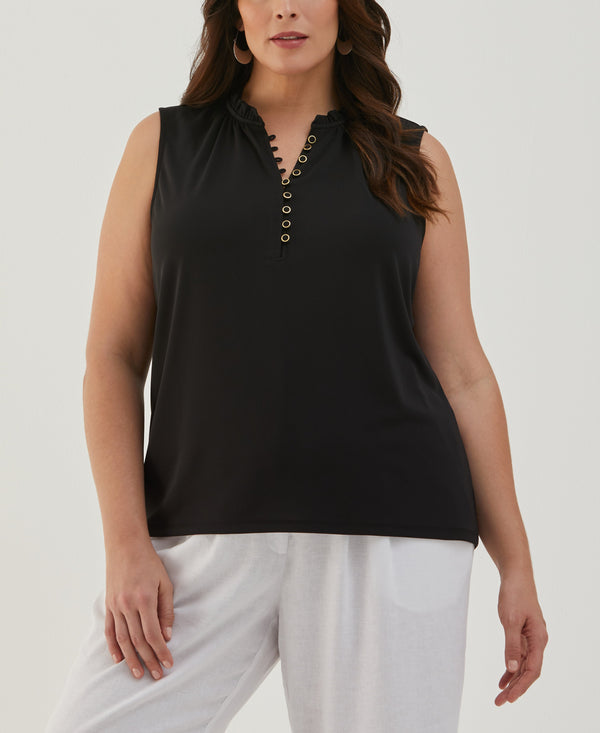 Rafaella Plus Size Button Front Ruffle Tank Top