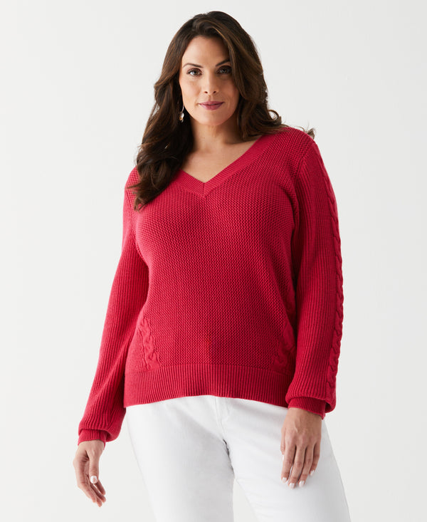 rafaella Plus Size Cable Knit V-Neck Sweater