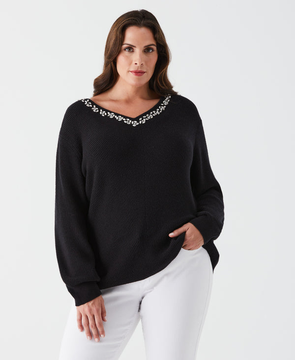 Rafaella Plus Size Embellished V-Neck Sweater