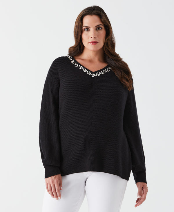 rafaella Plus Size Embellished V-Neck Sweater