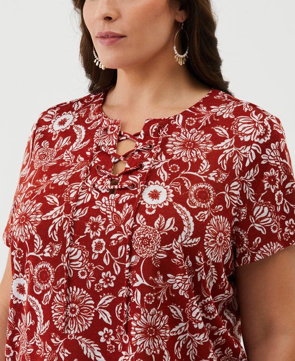Rafaella Plus Size Paisley Print Lace-Up Tee
