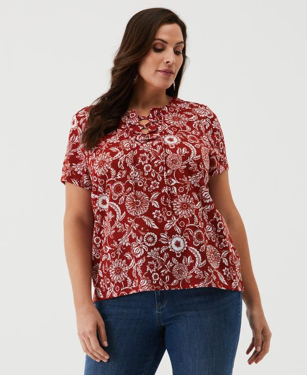 Rafaella Plus Size Paisley Print Lace-Up Tee