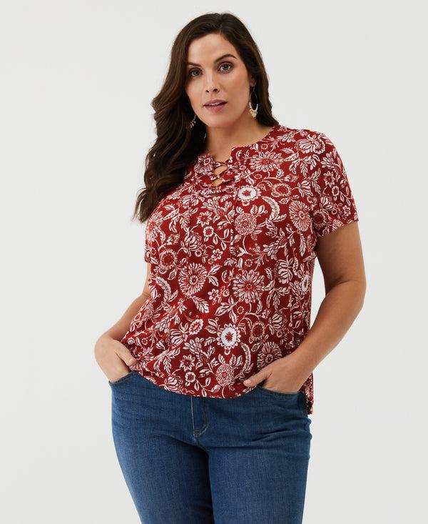 rafaella Plus Size Paisley Print Lace-Up Tee