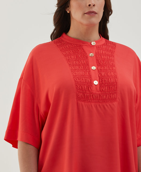 Rafaella Plus Size Smocked Banded Collar Top