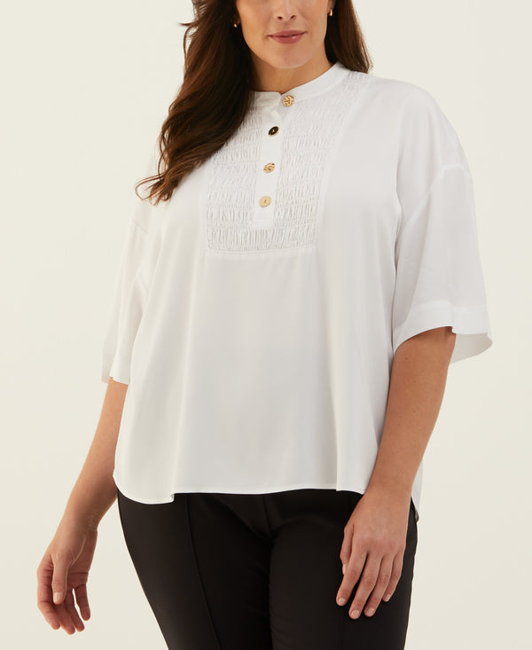 Rafaella Plus Size Smocked Banded Collar Top