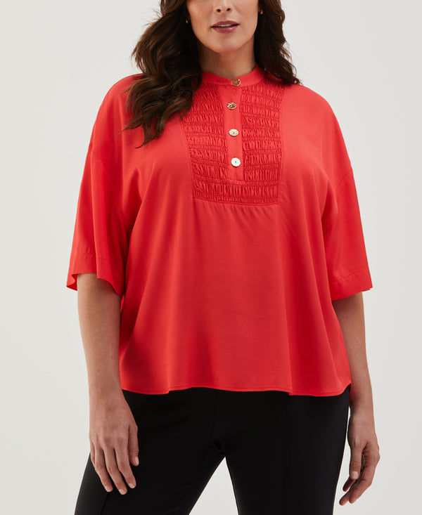 rafaella Plus Size Smocked Banded Collar Top