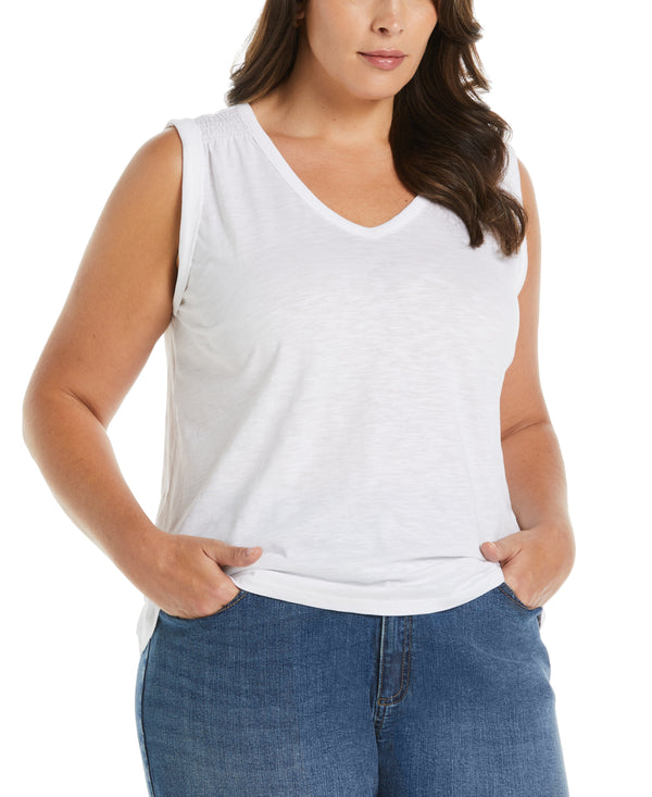 rafaella Plus Size Solid Smocked V-neck Top