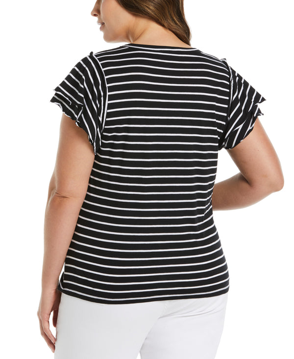 Rafaella Plus Size Stripe Ruffle Sleeve Tee