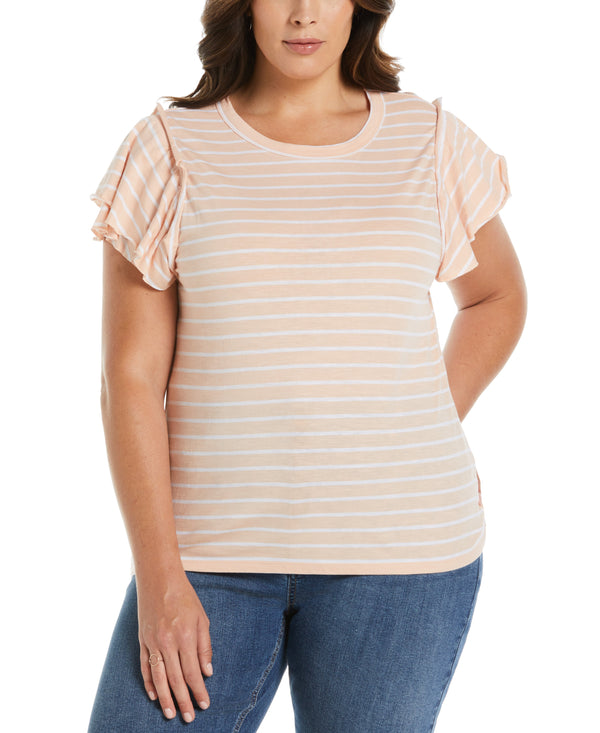 Rafaella Plus Size Stripe Ruffle Sleeve Tee