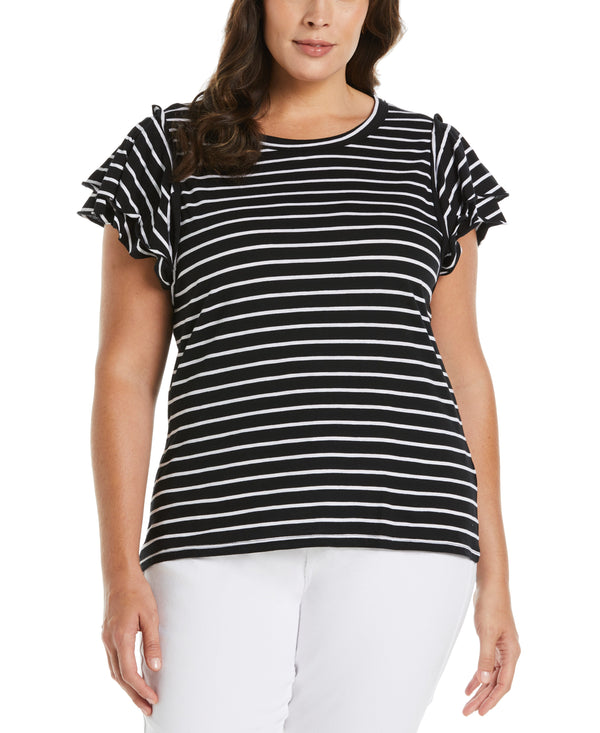rafaella Plus Size Stripe Ruffle Sleeve Tee