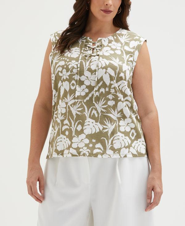 rafaella Plus Size Tropical Print Lace-Up Tank Top
