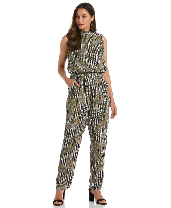 Rafaella Print Smocked Neck Jumpsuit