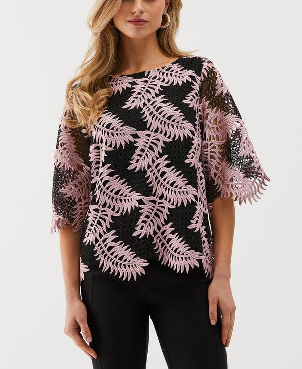 rafaella Scalloped Elbow Sleeve Lace Top