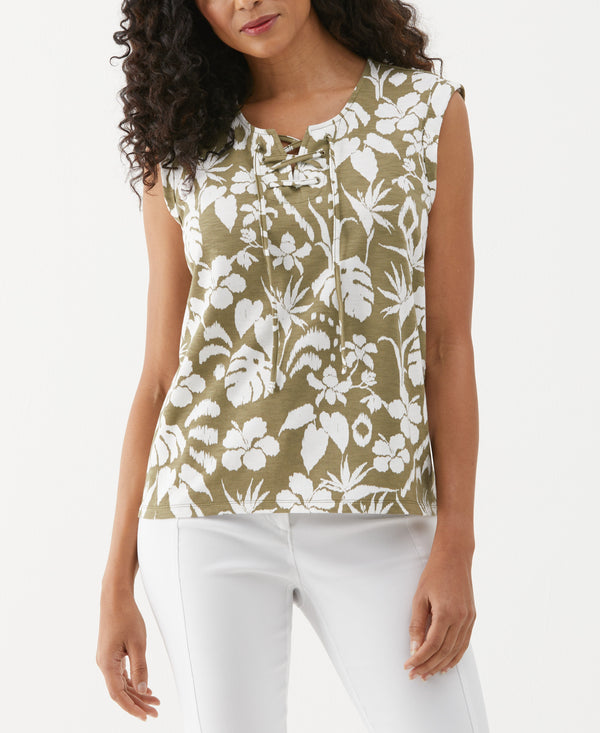 Rafaella Tropical Print Lace-Up Tank Top