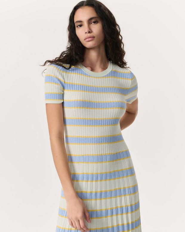 Rag & Bone Eloise Striped Rib-Knit Pleated Midi Dress
