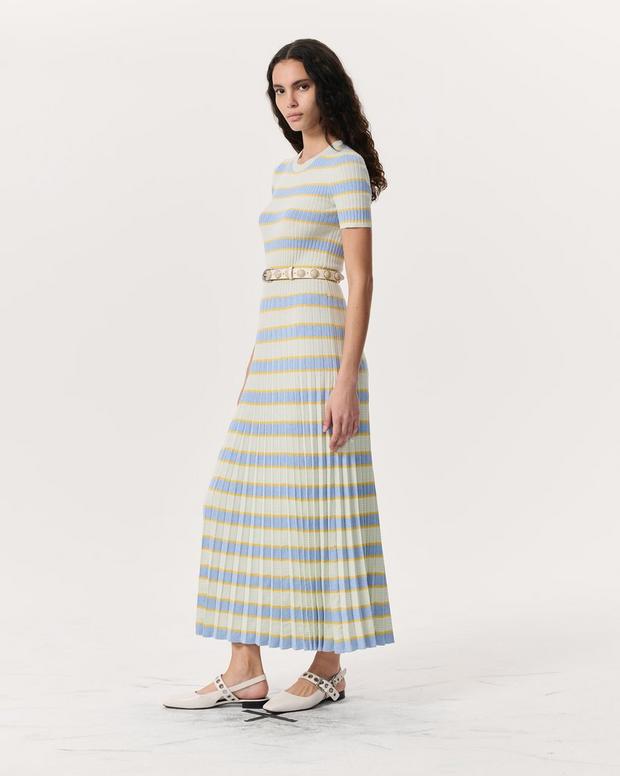 Rag & Bone Eloise Striped Rib-Knit Pleated Midi Dress