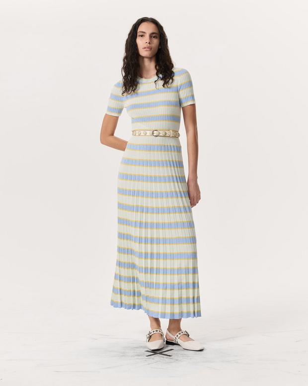 rag & bone Eloise Striped Rib-Knit Pleated Midi Dress