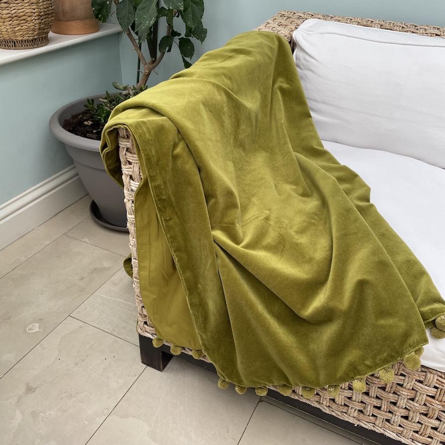 Ragged Rose Olive Velvet Pompom Throw