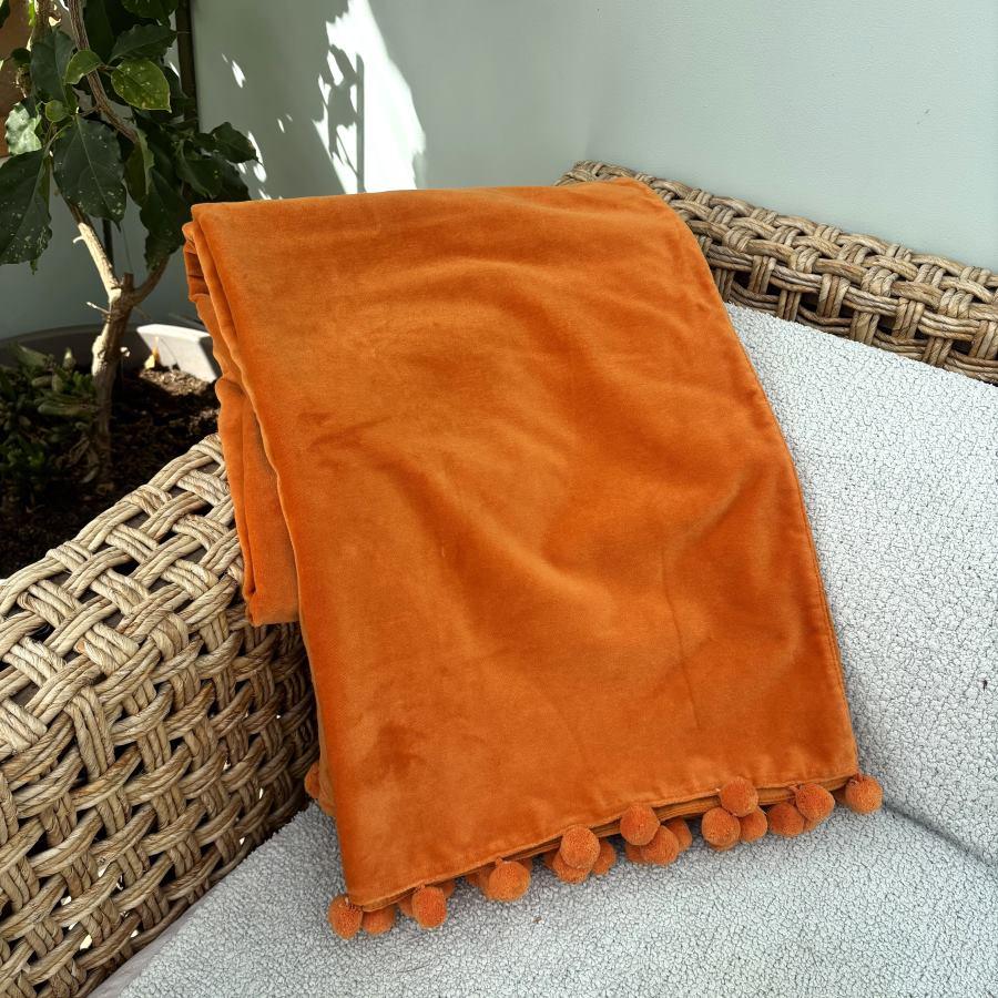 Ragged Rose Orange Velvet Pompom Throw