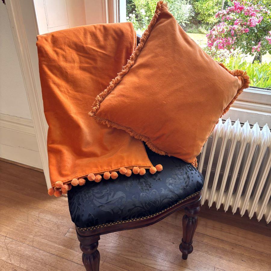 Ragged Rose Orange Velvet Pompom Throw