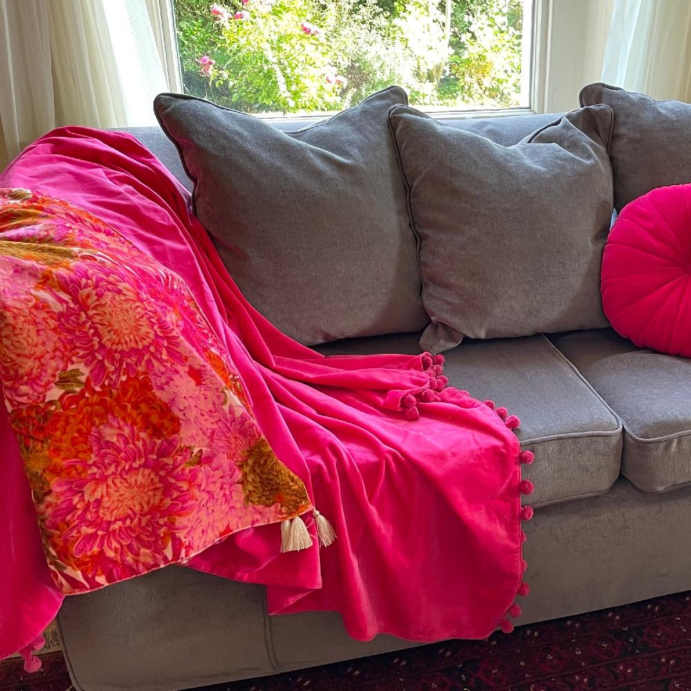 Ragged Rose Pink Chrysanthemum Print Velvet Throw