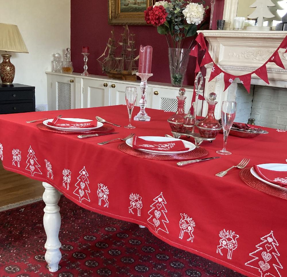 Ragged Rose Red Embroidered Christmas Napkins