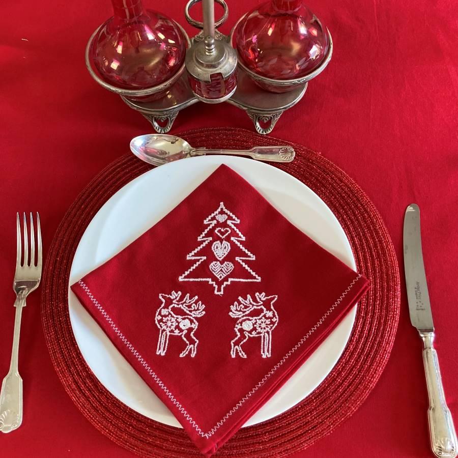 Ragged Rose Red Embroidered Christmas Napkins