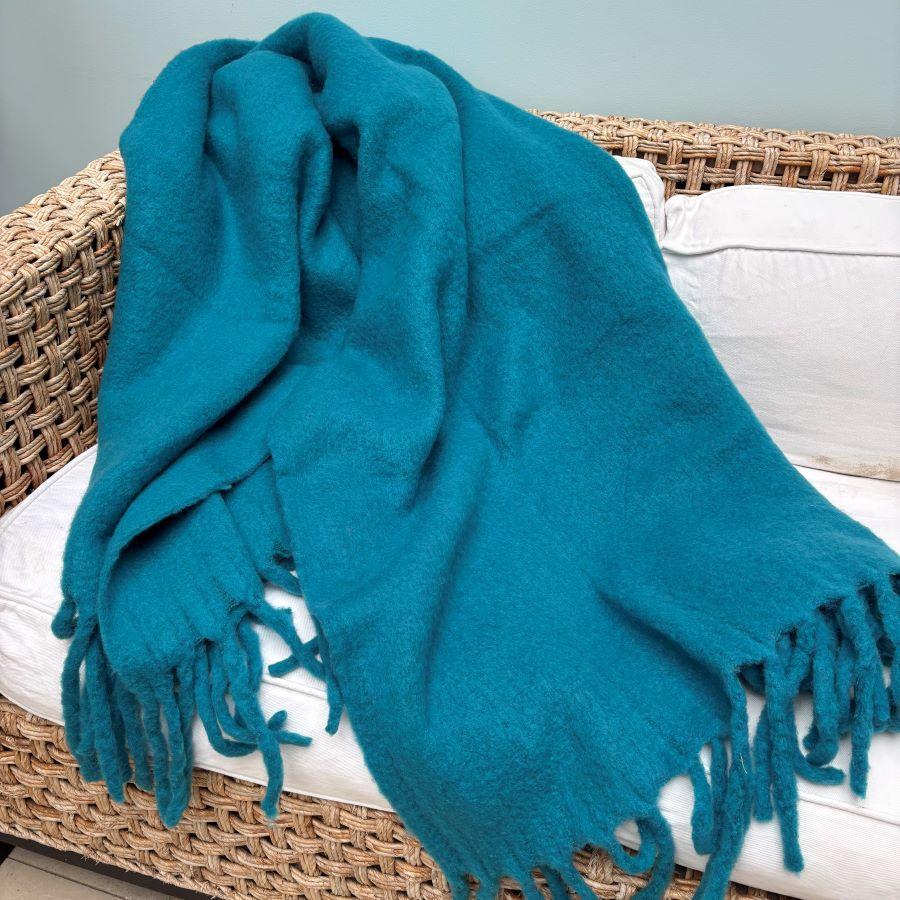 Ragged Rose Teal Blue Wool Throw