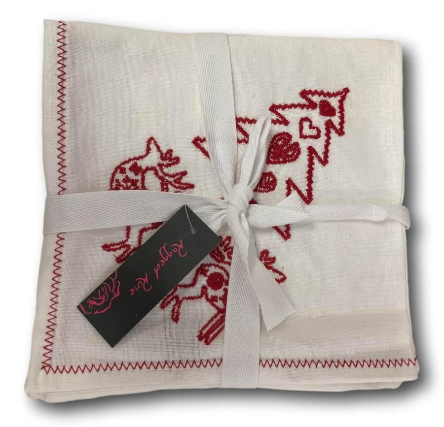 Ragged Rose White Embroidered Christmas Napkins