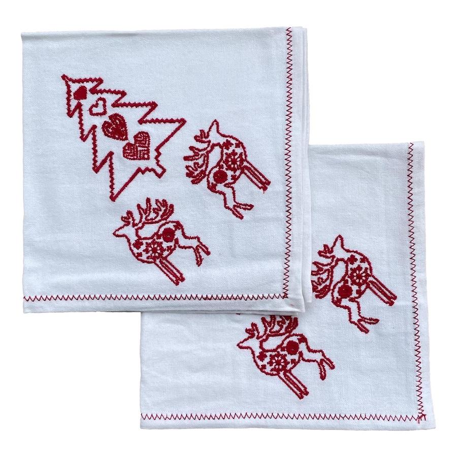 Ragged Rose White Embroidered Christmas Napkins