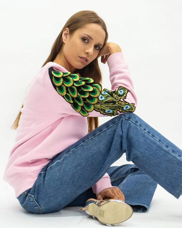 ragyard Evergreen - Cotton Pink Peacock Patch Sweatshirt