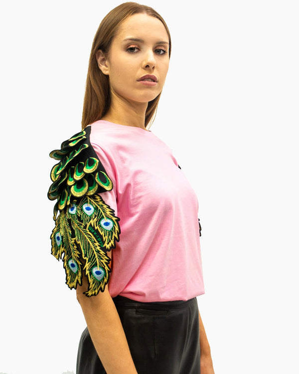 Ragyard Evergreen - Cotton Pink Peacock Patch T-Shirt