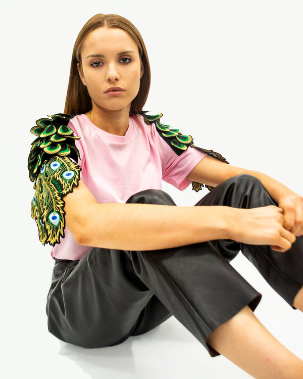 ragyard Evergreen - Cotton Pink Peacock Patch T-Shirt